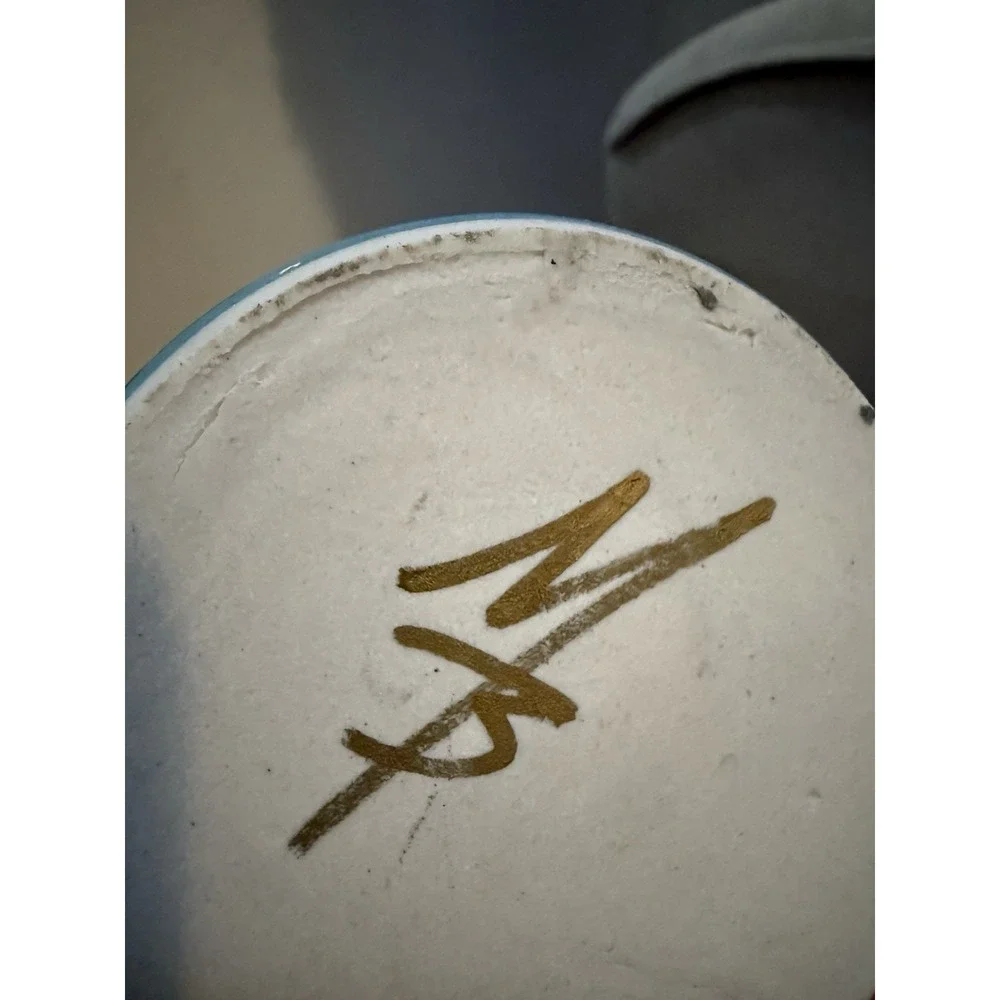 Ceramic Vase Blue & White Glaze. Vintage Look. Initials On Bottom,  5.5